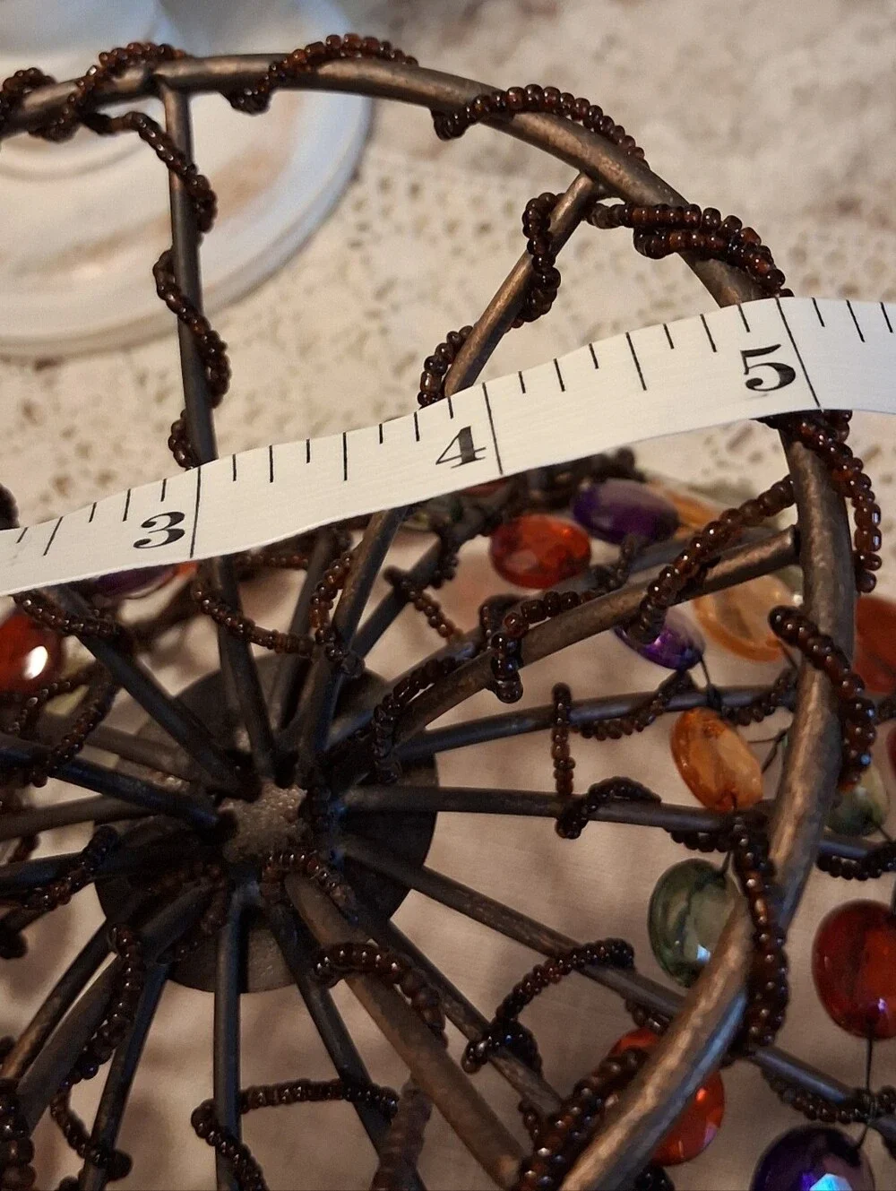 Vintage Beaded Wire & Metal Footed Bowl Basket Handmade Pop Art Retro Decor 8
